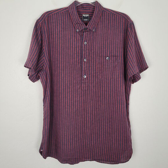 Todd Snyder Linen Popover Shirt Short Sleeve Button Striped Navy Blue Red Size L - Picture 1 of 15